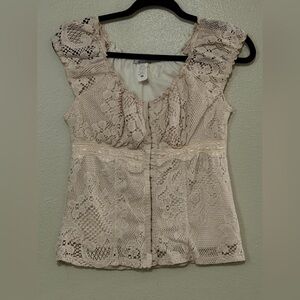 Outlooks Vintage Y2K Cottagecore Cream Lace Cap Sleeve Hook & Eye Bustier Top